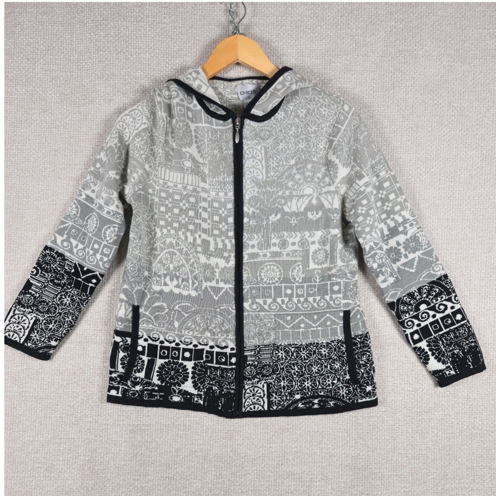 Chicos‎ Silk Cotton Blend Mosaic Geometric Zip Front Hooded Sweater Gray Size 1